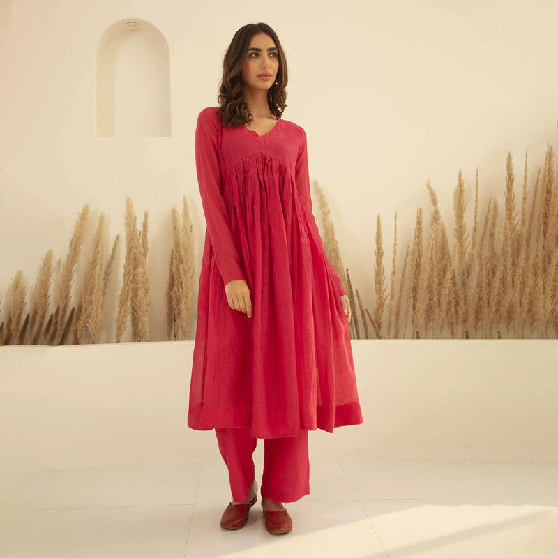 Chanderi Kurta Set | V-Neck | Pink