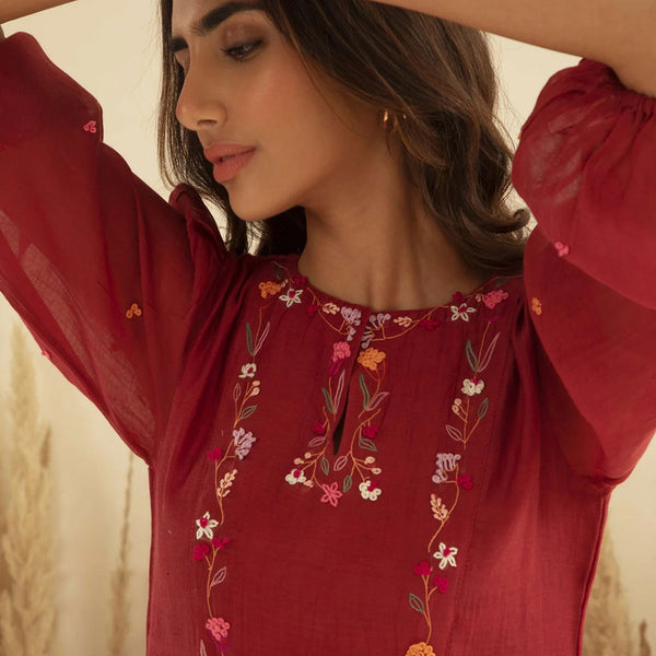 Chanderi Kurta Set | Hand Embroidered | Wine