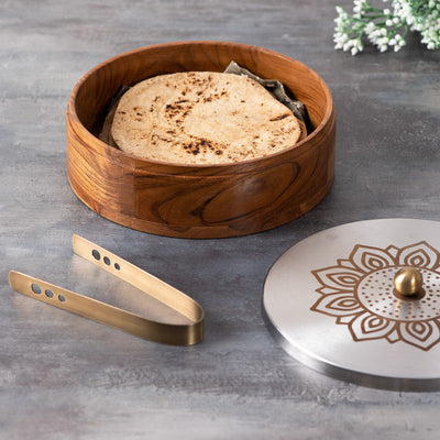 Mango Wood Chapati Box | Silver & Brown