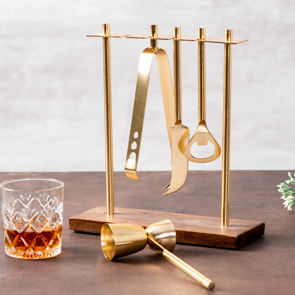 Bar Tool Set | Mango Wood & Stainless Steel | Gold.