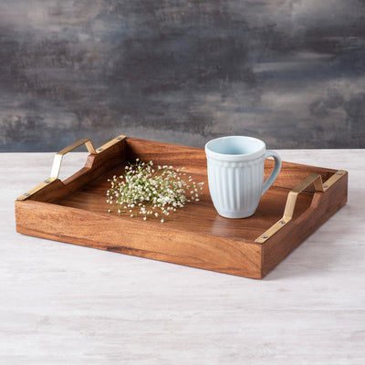 Teak Wood & Iron Inseperables Serving Tray | Brown & Gold