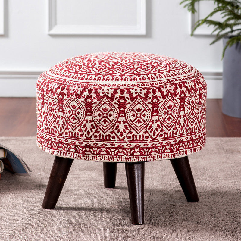 Mango Wood Ottoman | Cotton Canvas | Red | L-16xW-16xH-14 Inches