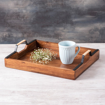 Teak Wood & Iron The Caned Serving Tray | Brown & Black