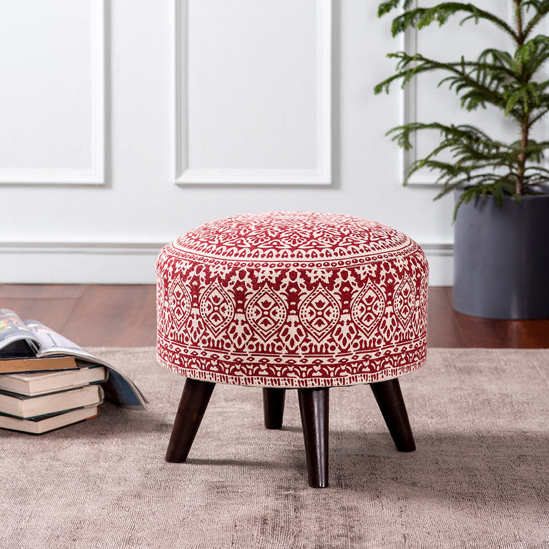 Mango Wood Ottoman | Cotton Canvas | Red | L-16xW-16xH-14 Inches