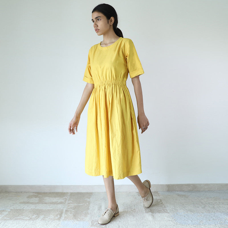 Dresses For Women | Cotton Poplin | Round Neck | Yellow