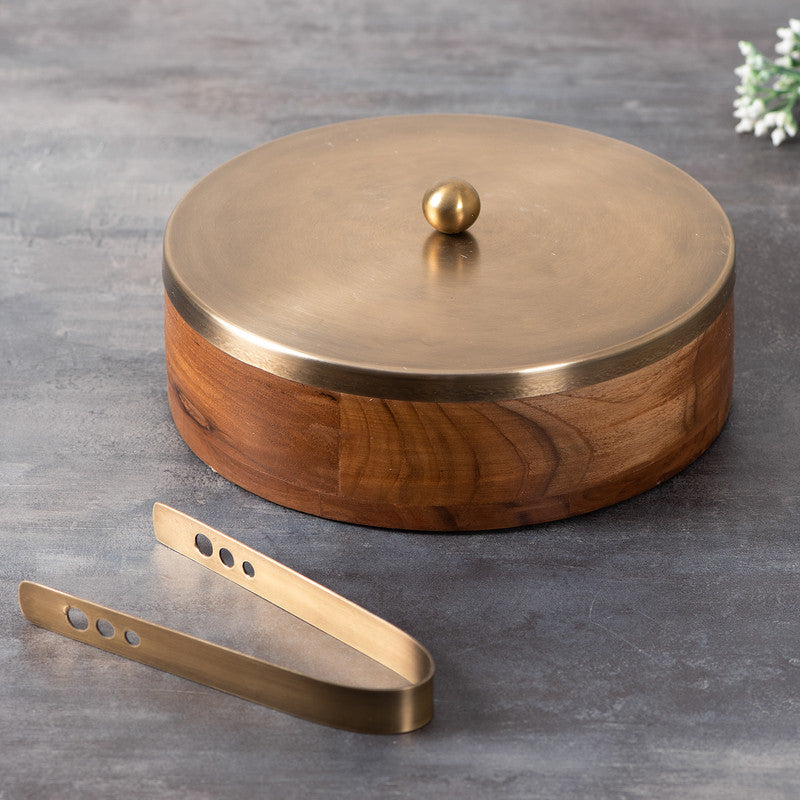 Teak Wood &  Stainless Steel Modish Roti Box | Brown & Gold