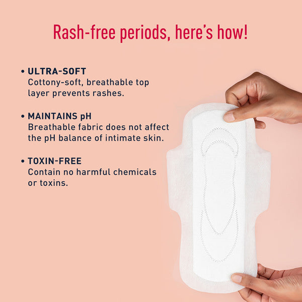 Rash Free Sanitary Pads for Women | Cottony Soft | XL+ Size | Ultra Soft & Breathable Top Layer | 10 Pads