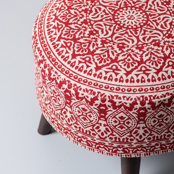 Mango Wood Ottoman | Cotton Canvas | Red | L-16xW-16xH-14 Inches