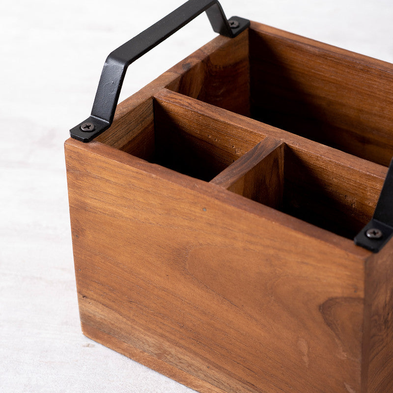 Teak Wood &  Iron Teak Wood Cutlery Holder | Brown & Black