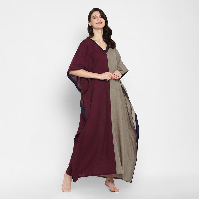 Cotton V-Neck Kaftan | Maroon & Khaki