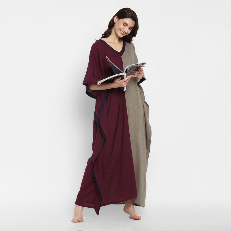 Cotton V-Neck Kaftan | Maroon & Khaki