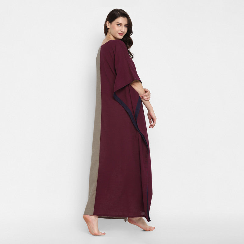 Cotton V-Neck Kaftan | Maroon & Khaki