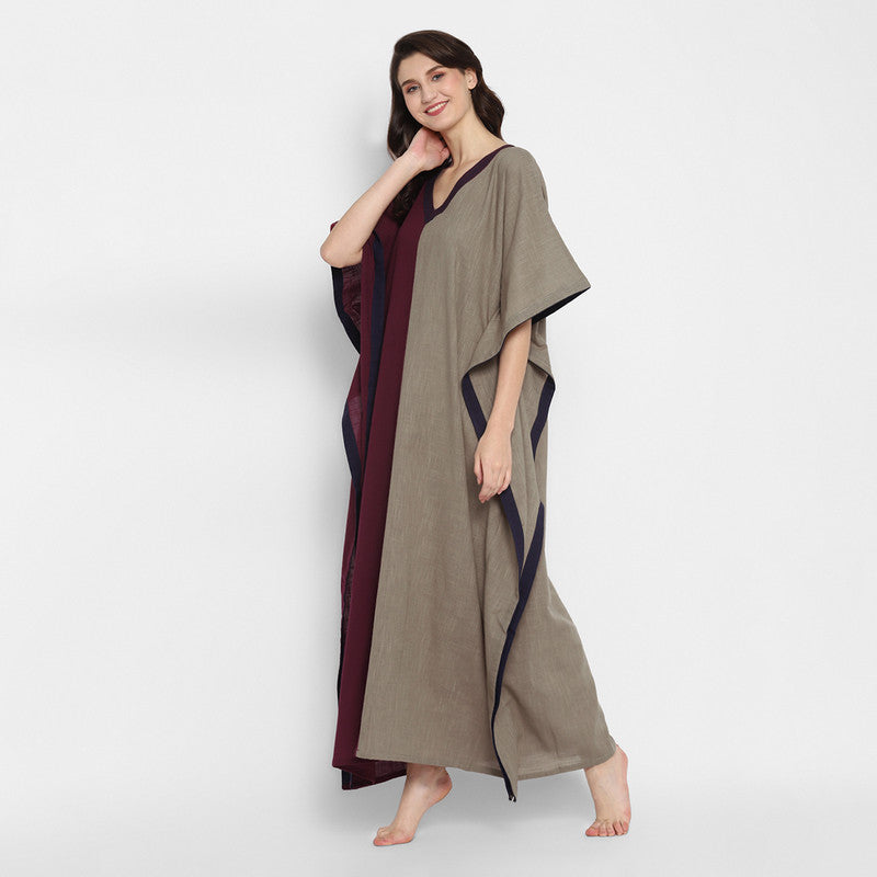 Cotton V-Neck Kaftan | Maroon & Khaki