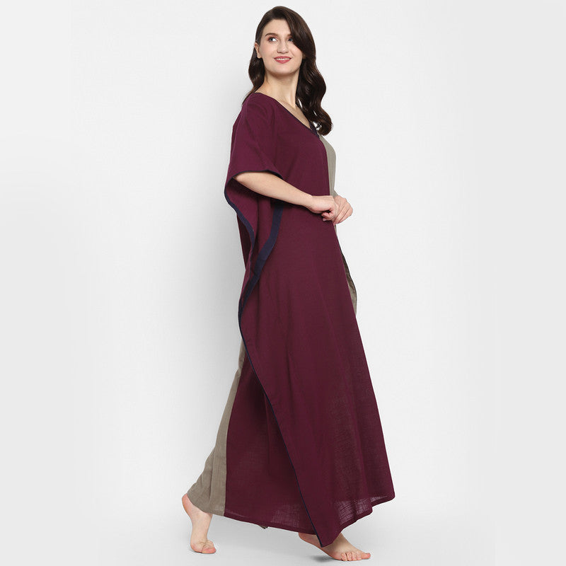 Cotton V-Neck Kaftan | Maroon & Khaki