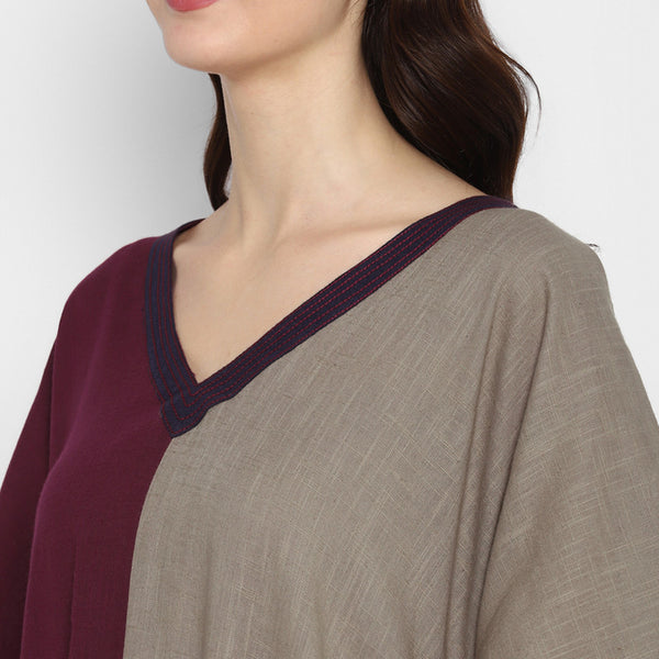 Cotton V-Neck Kaftan | Maroon & Khaki