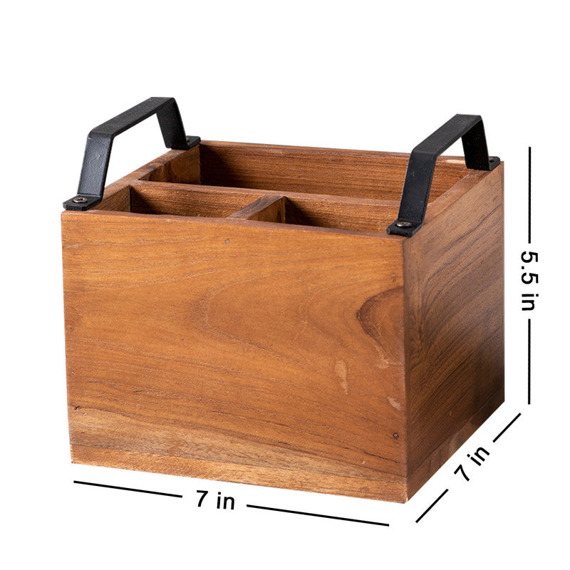 Teak Wood &  Iron Teak Wood Cutlery Holder | Brown & Black