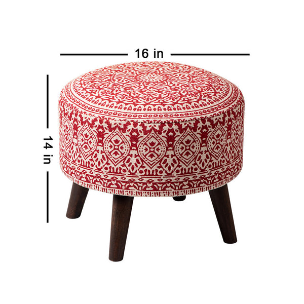 Mango Wood Ottoman | Cotton Canvas | Red | L-16xW-16xH-14 Inches