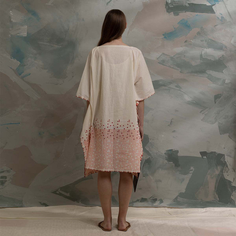 Cotton Block Printed Kaftan Dress | White & Pink