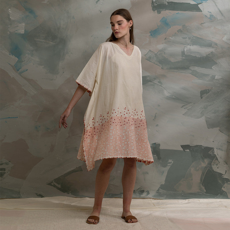 Cotton Block Printed Kaftan Dress | White & Pink