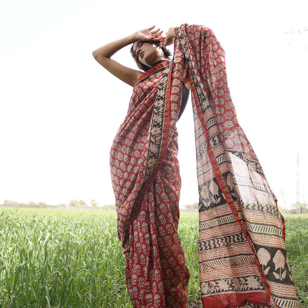 Chanderi Saree | Bagru Printed | Red