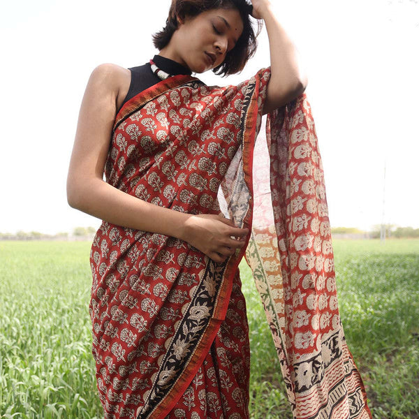 Chanderi Saree | Bagru Printed | Red