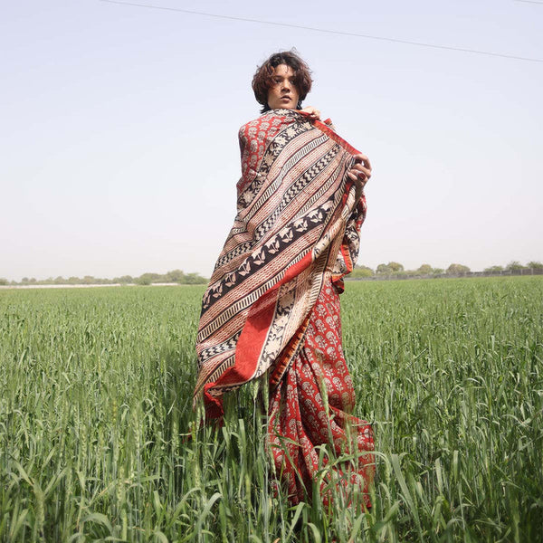 Chanderi Saree | Bagru Printed | Red