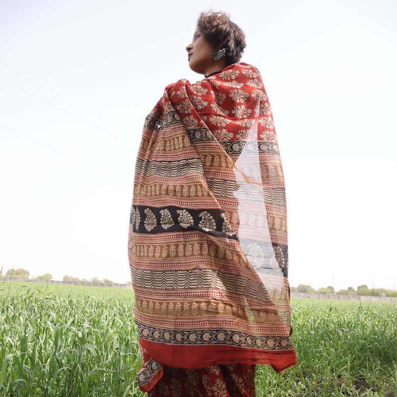 Bagru Printed Chanderi Red Saree