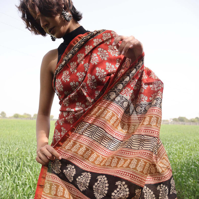 Bagru Printed Chanderi Red Saree