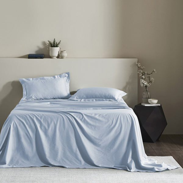 Cotton Bedsheet Set | Double Bedsheet | Feather Stitch | 300 Thread Count | Light Blue