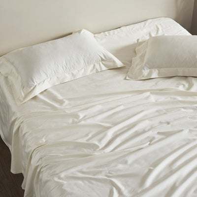 Cotton Bedsheet Set | Double Bedsheet | Feather Stitch | 300 Thread Count | Cream