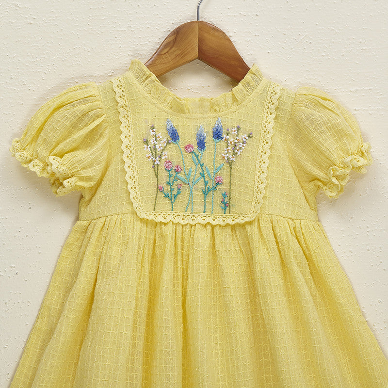 Cotton Dress for Girls | Floral Embroidered | Yellow