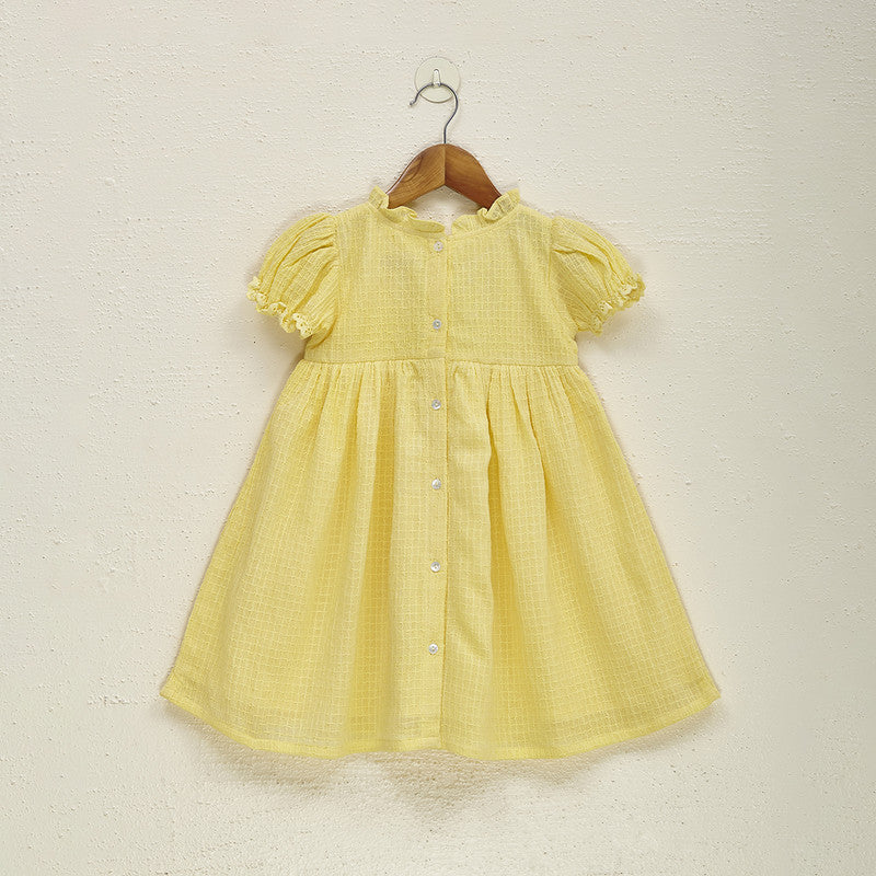 Cotton Dress for Girls | Floral Embroidered | Yellow