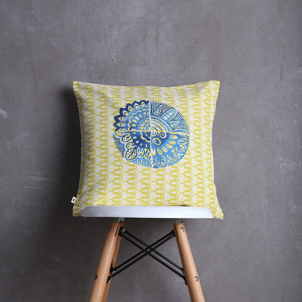 Cotton Cushion Cover | Embroidered | Yellow & Blue