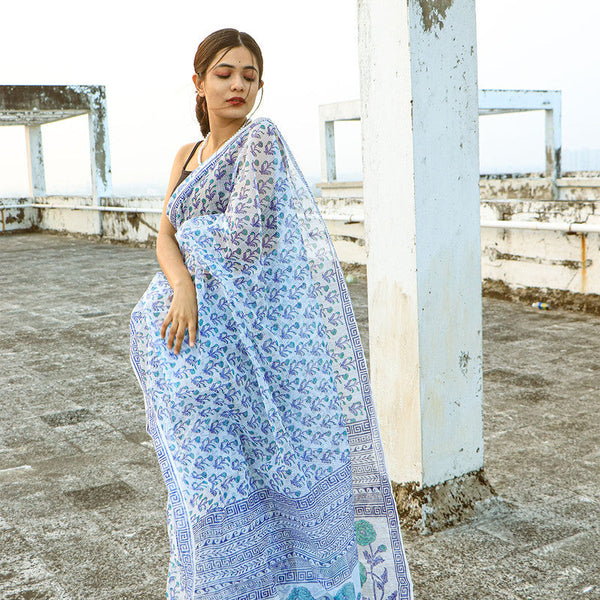 Festive Wear | Kota Doria Handblocked Saree | Blue & White