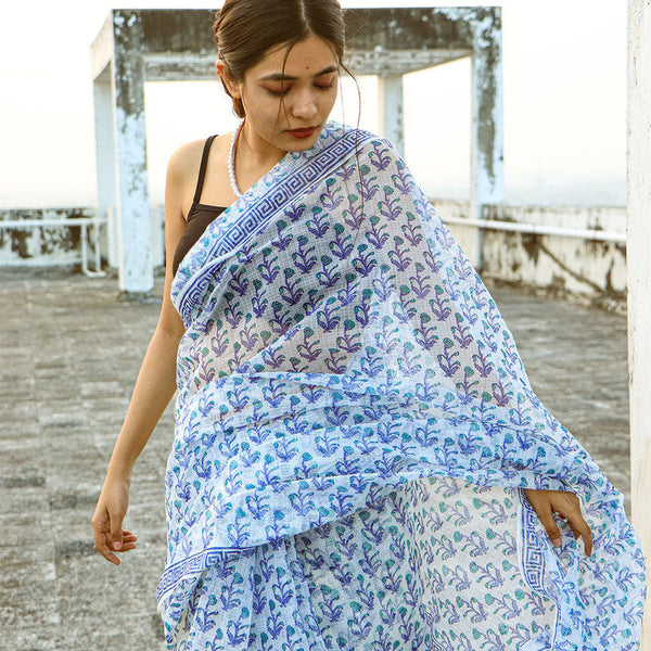 Festive Wear | Kota Doria Handblocked Saree | Blue & White