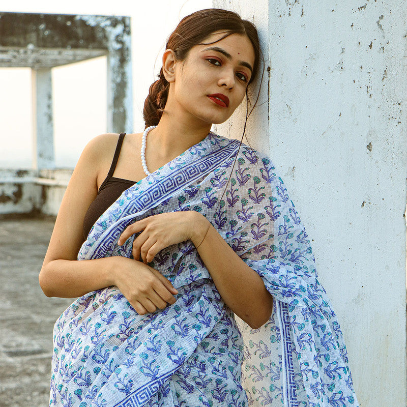 Festive Wear | Kota Doria Handblocked Saree | Blue & White