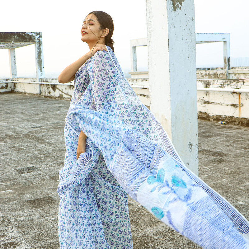 Festive Wear | Kota Doria Handblocked Saree | Blue & White