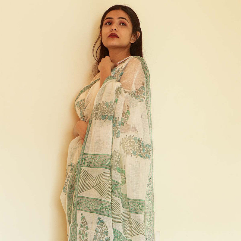 Festive Wear | Handblock Printed Kota Doria Saree | White