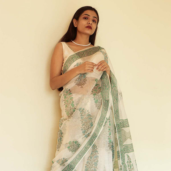 Festive Wear | Handblock Printed Kota Doria Saree | White