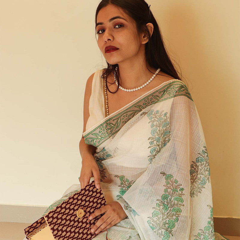 Festive Wear | Handblock Printed Kota Doria Saree | White