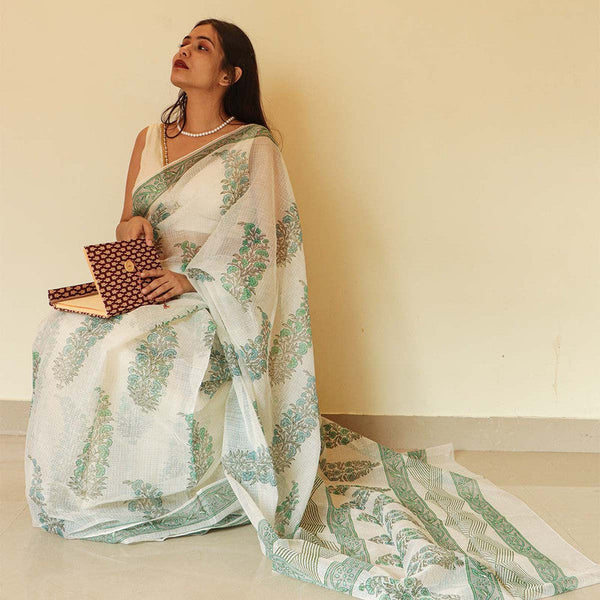 Festive Wear | Handblock Printed Kota Doria Saree | White