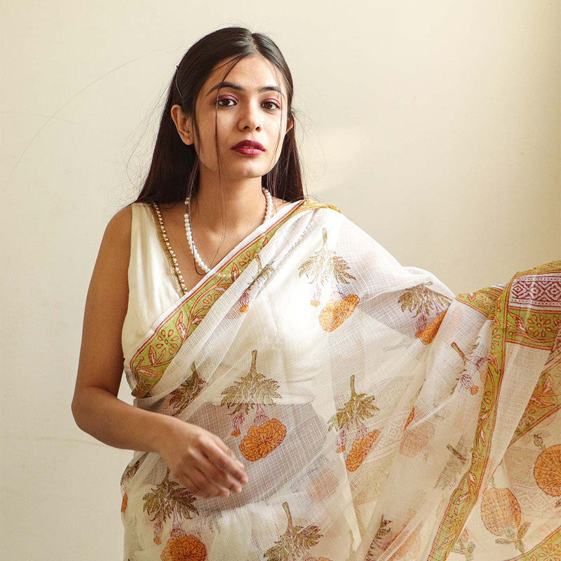 Kota Doria Saree | Handblock Printed | White