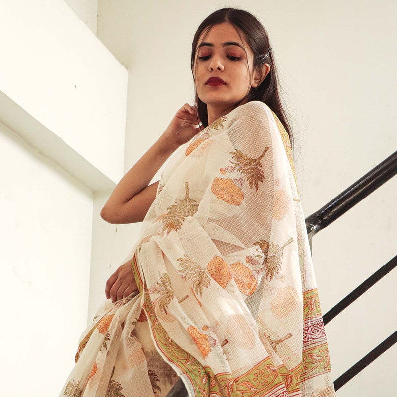 Kota Doria Saree | Handblock Printed | White