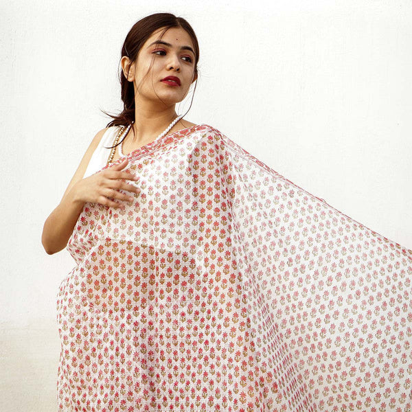 Festive Wear | Handblock Printed Kota Doria Saree | White & Red