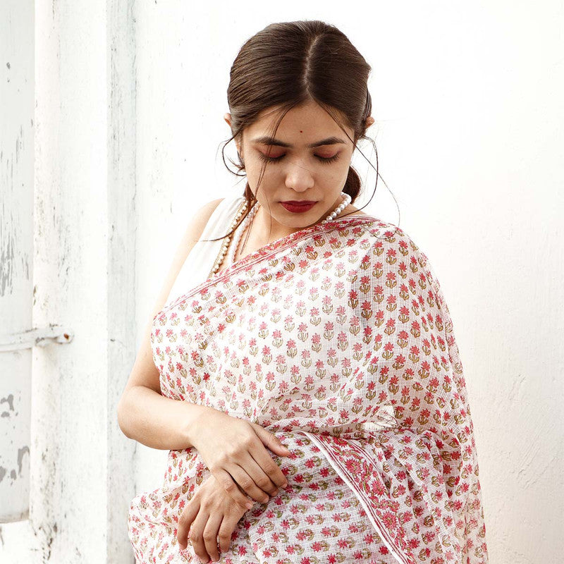 Festive Wear | Handblock Printed Kota Doria Saree | White & Red