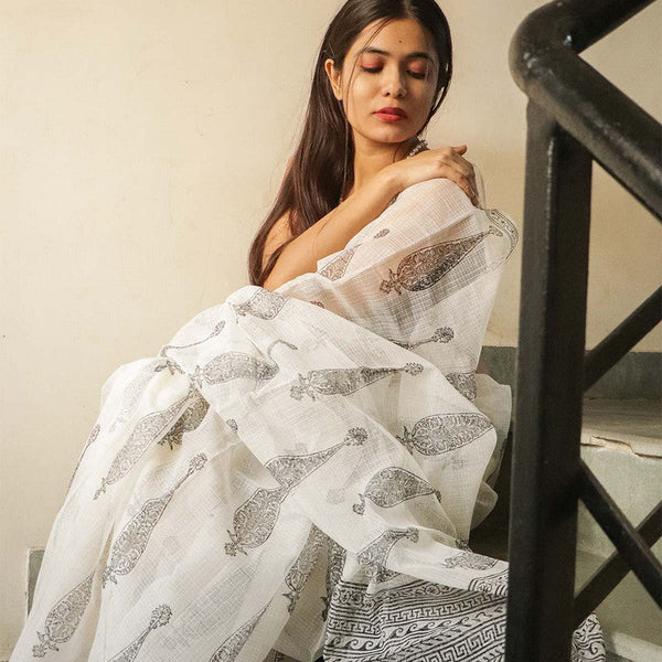 Handblock Printed Kota Doria Saree | White & Black