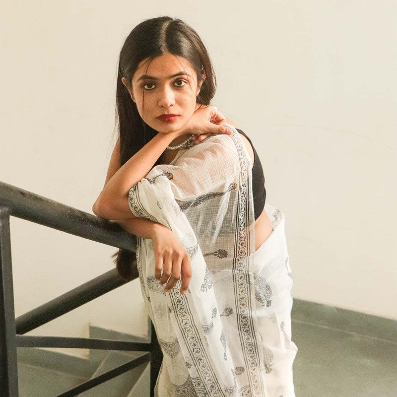 Handblock Printed Kota Doria Saree | White & Black