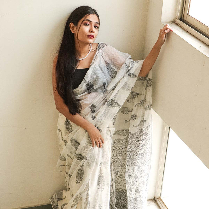 Handblock Printed Kota Doria Saree | White & Black