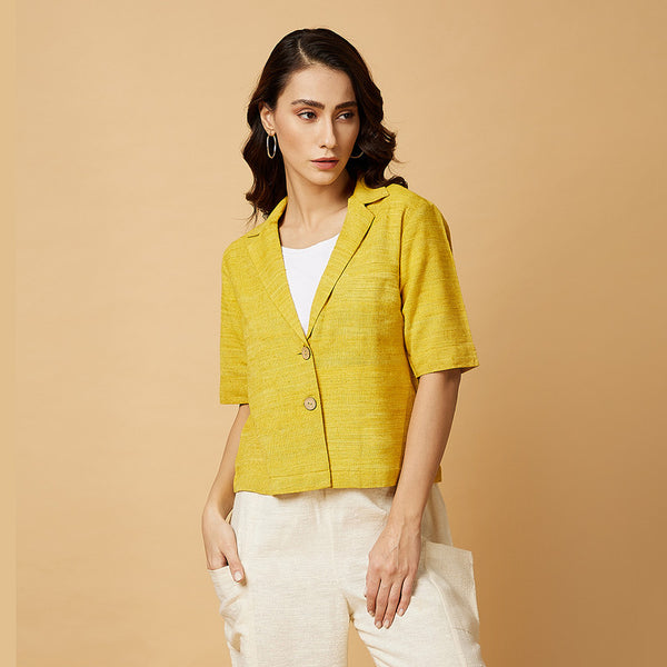 Cotton Silk Notch Collar Shirt | Yellow