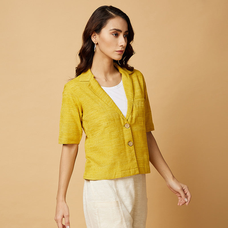 Cotton Silk Notch Collar Shirt | Yellow